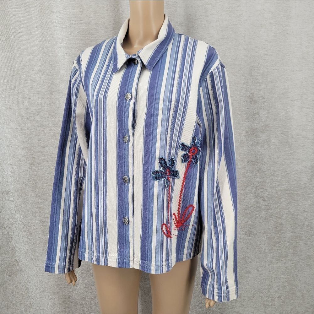 Sag Harbor Striped Button Up Blue Jean Denim Jacket Flower Appliques